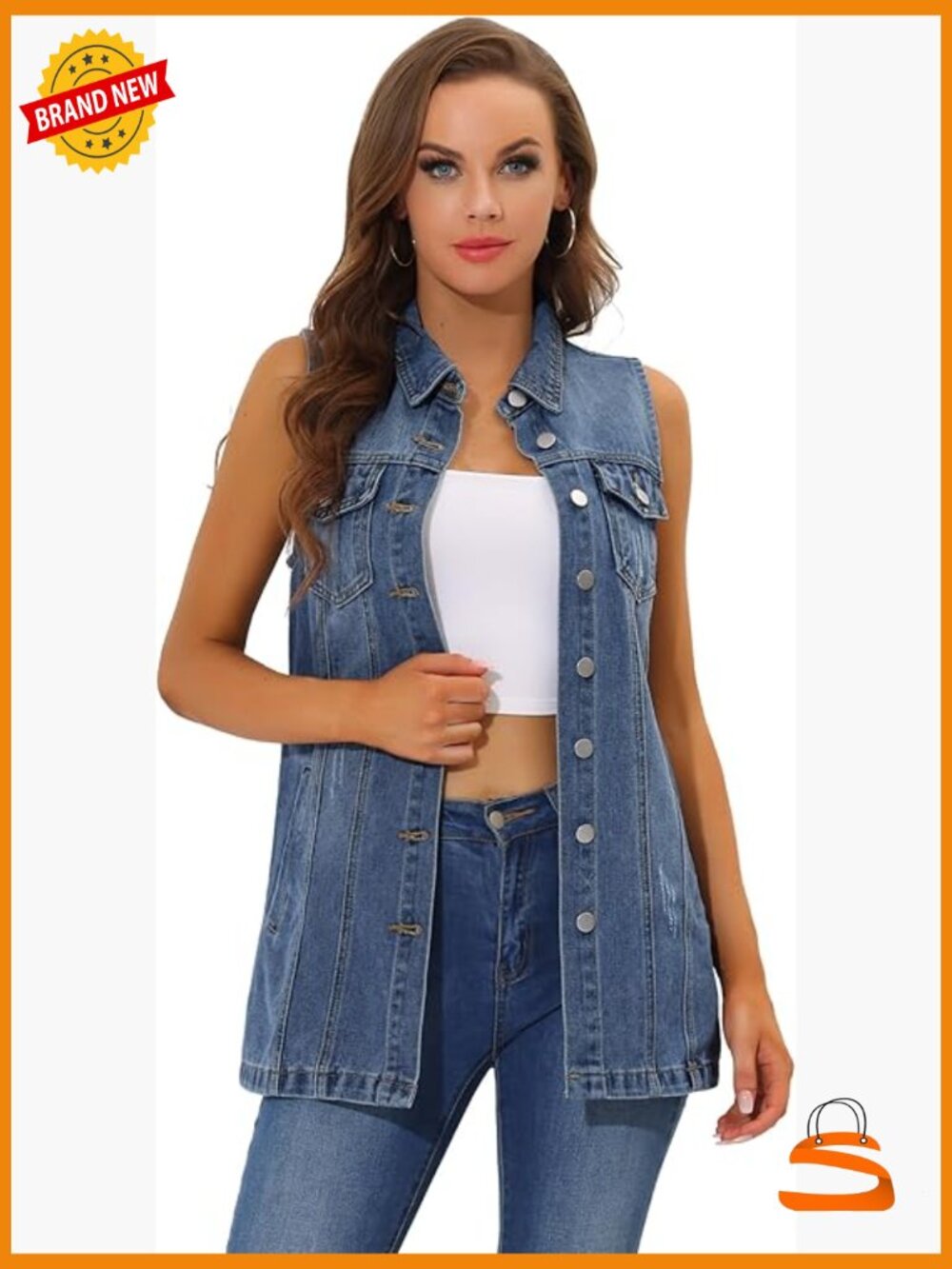 Women's Denim Vest Sleeveless Button Down Casual Long Jean Vest